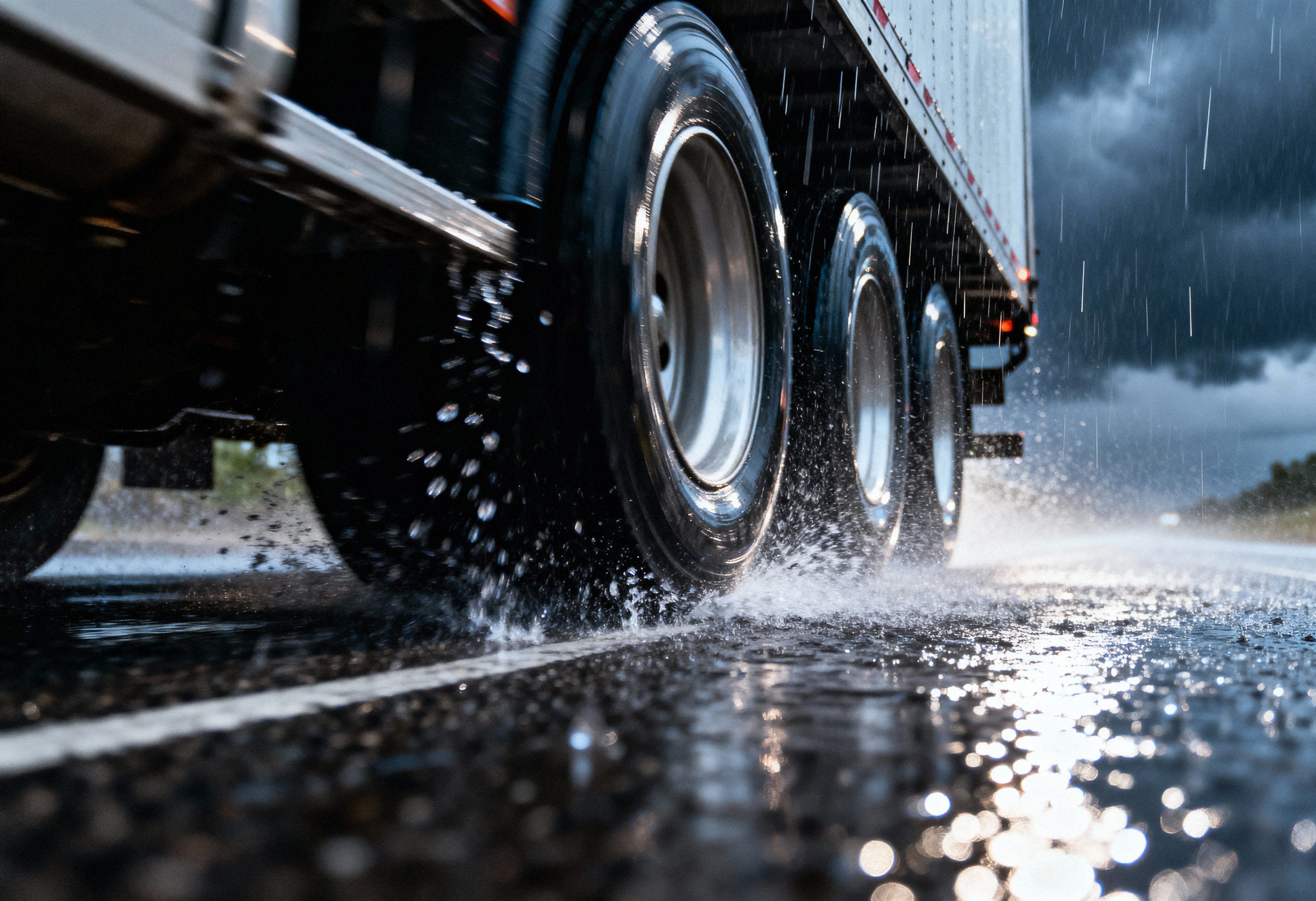 Truck on wet roads
