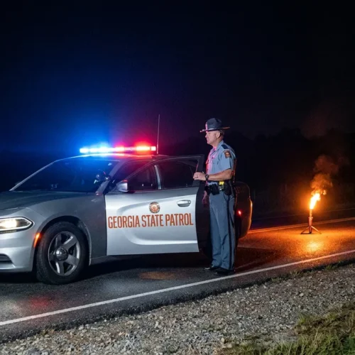 Georgia State Patrol officer standing beside patrol car with flares at night