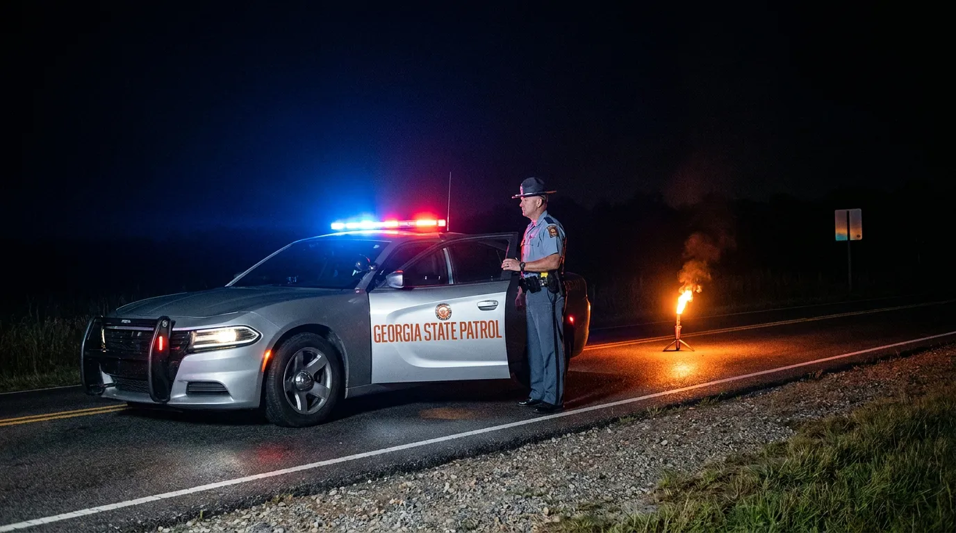Georgia State Patrol officer standing beside patrol car with flares at night