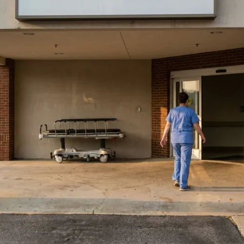 medical professional in scrubs walking toward hospital entrance with gurney nearby