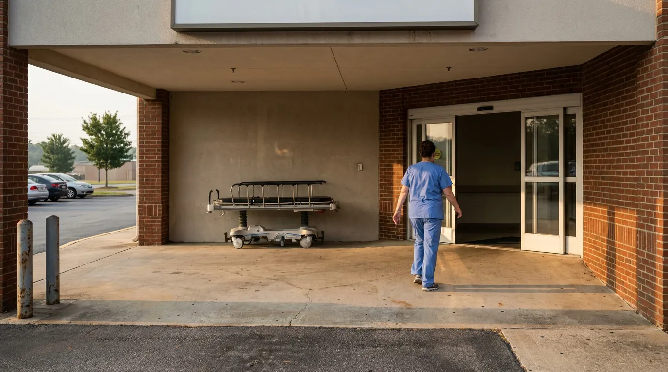 medical professional in scrubs walking toward hospital entrance with gurney nearby