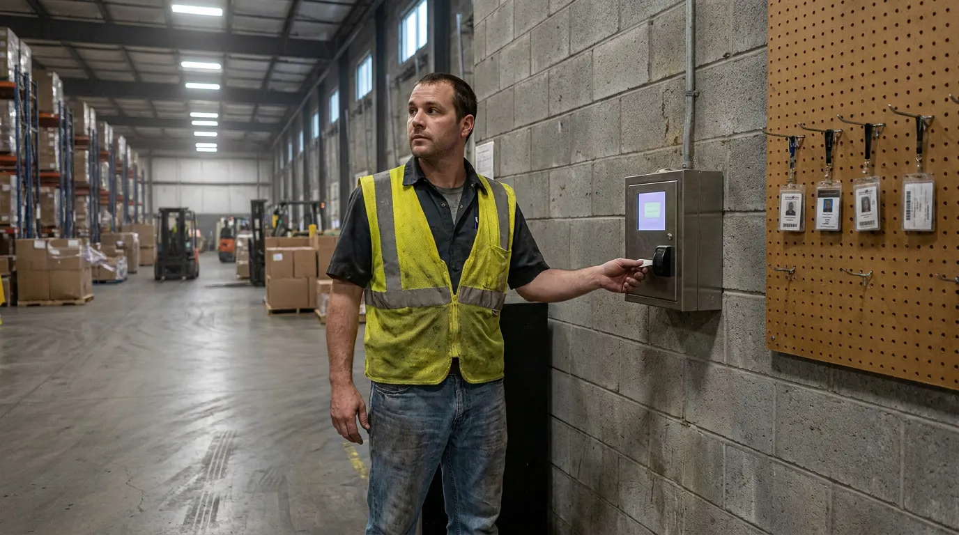 Warehouse worker in safety vest scanning badge at time clock station