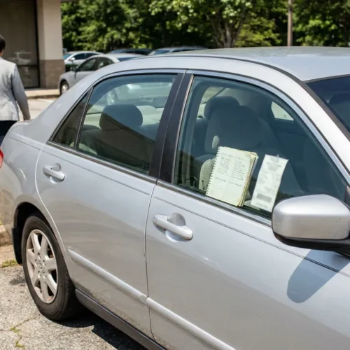 sedan parked in lot with notebook on seat person walking toward building