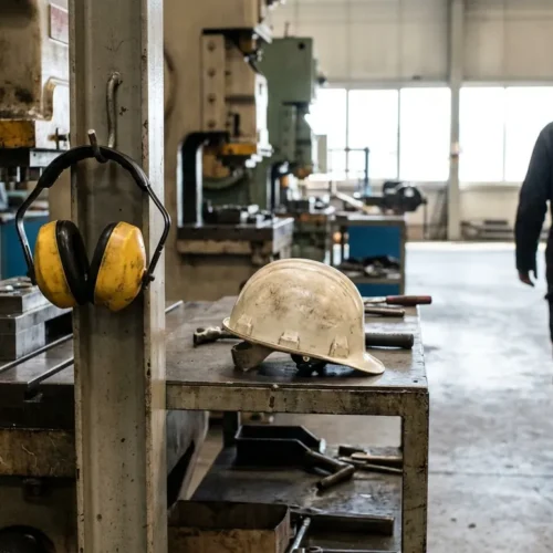 hard hat and ear protection resting on workbench inside industrial factory floor