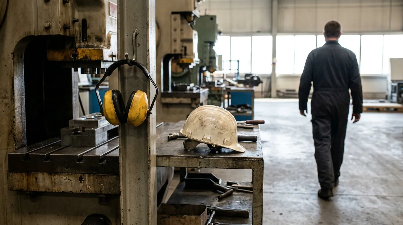 hard hat and ear protection resting on workbench inside industrial factory floor