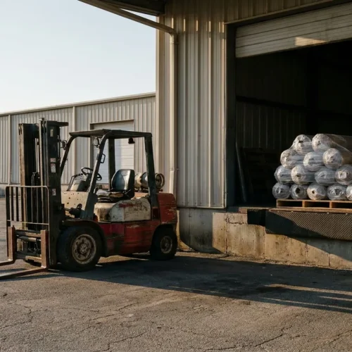 forklift parked outside warehouse loading dock with palletized wrapped rolls