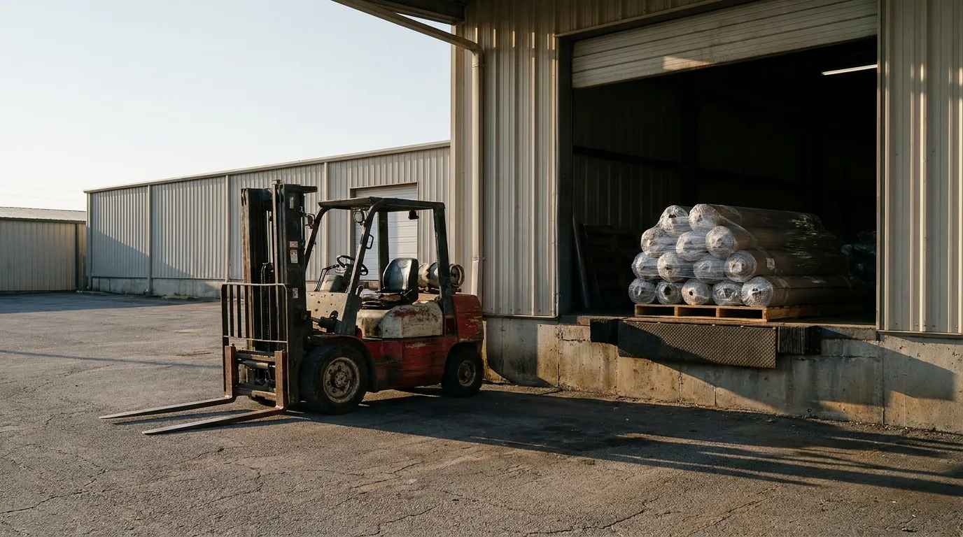 forklift parked outside warehouse loading dock with palletized wrapped rolls