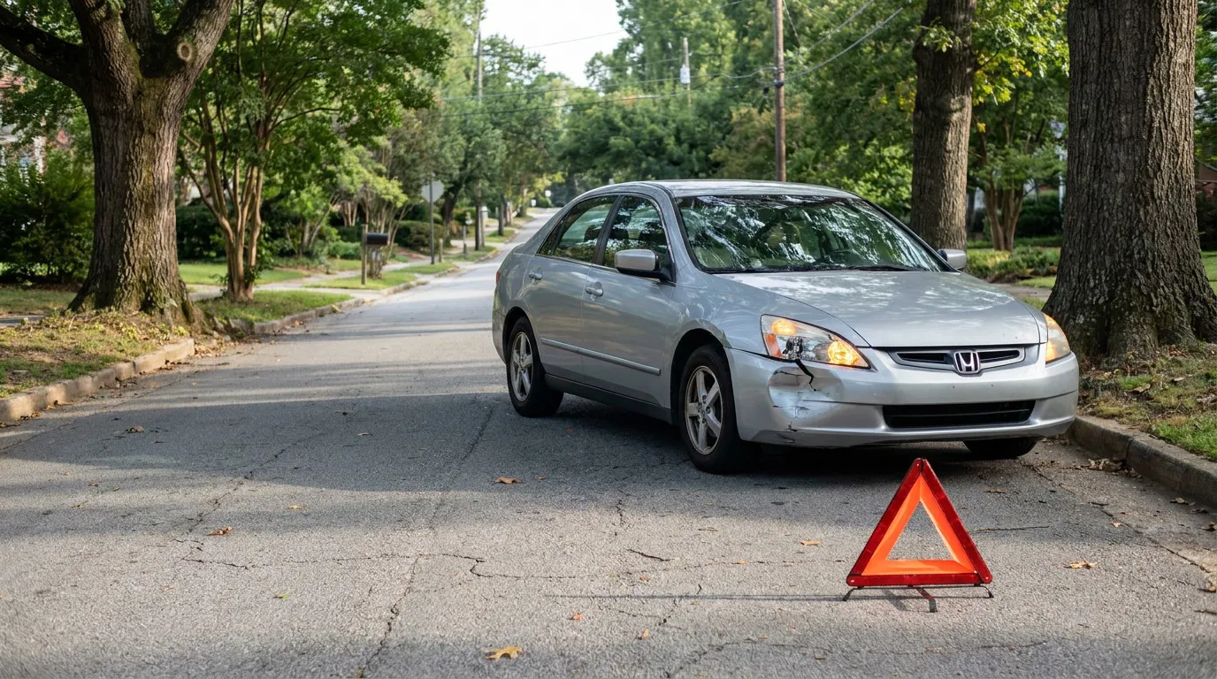 damaged Honda sedan stopped on residential street with emergency warning triangle