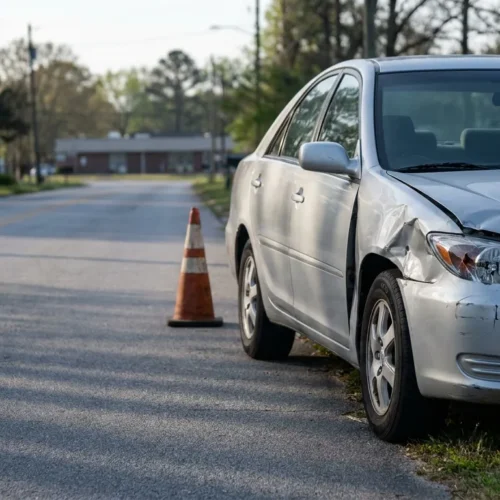 sedan with front-end collision damage parked roadside near traffic cone