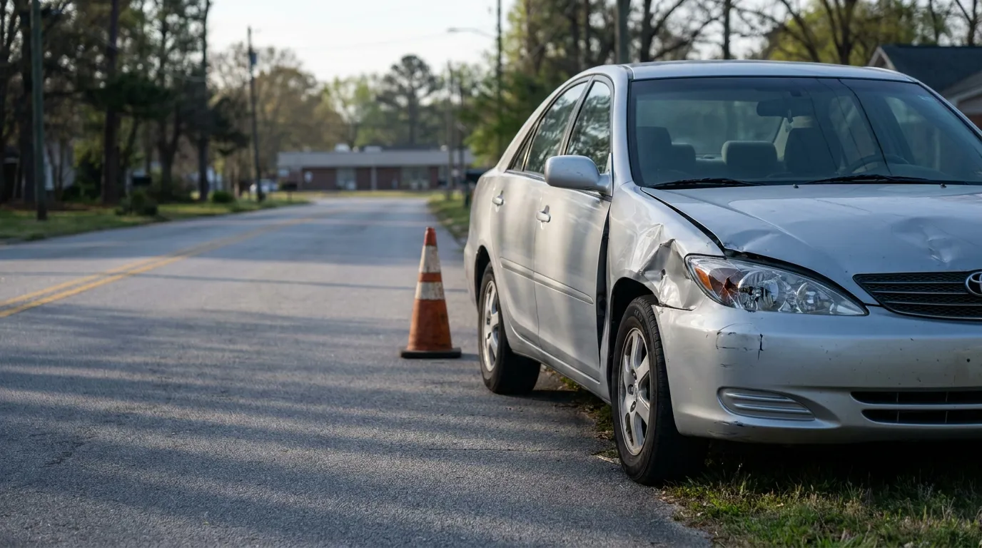 sedan with front-end collision damage parked roadside near traffic cone