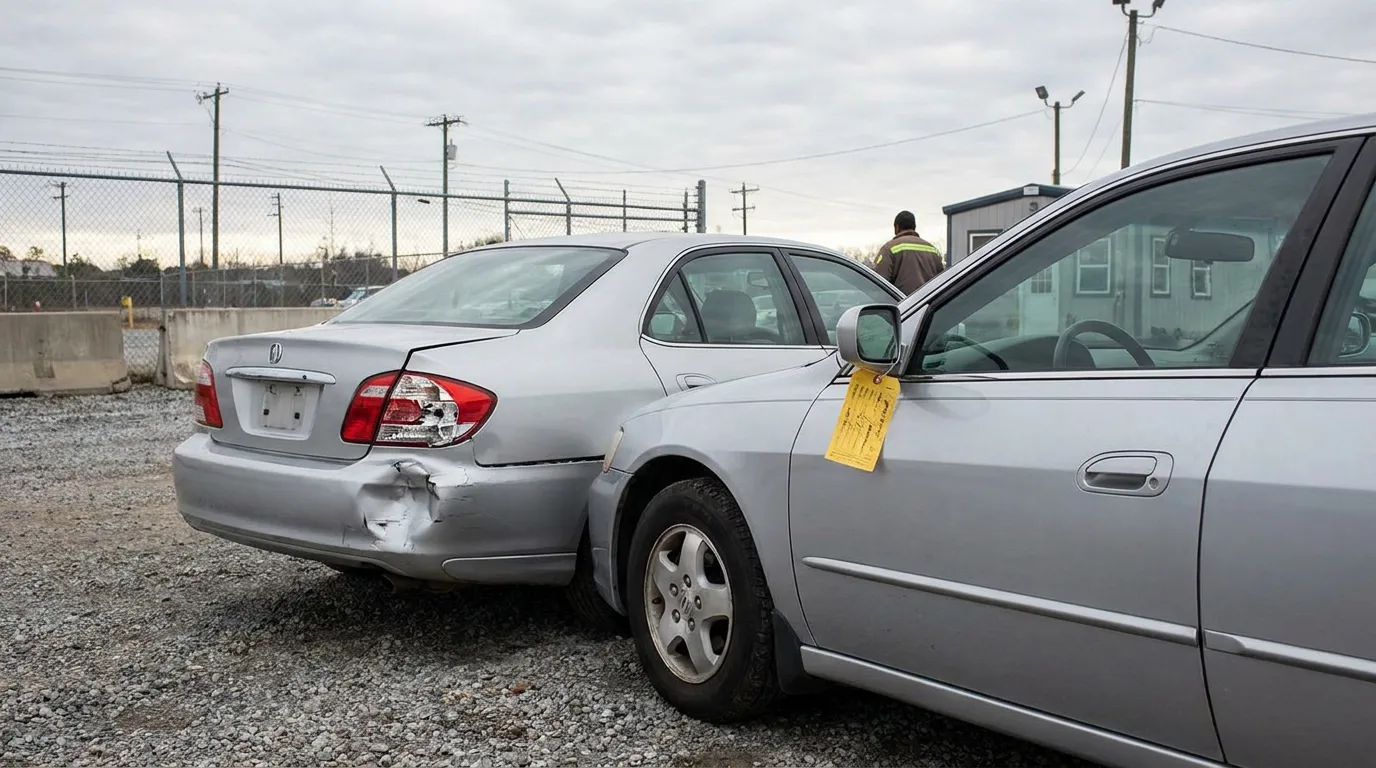 damaged sedan with crumpled rear bumper tagged in impound lot with worker nearby