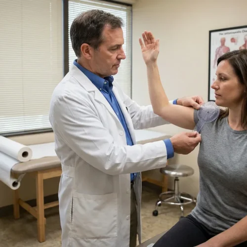 physician using goniometer to measure patient shoulder range of motion in clinic