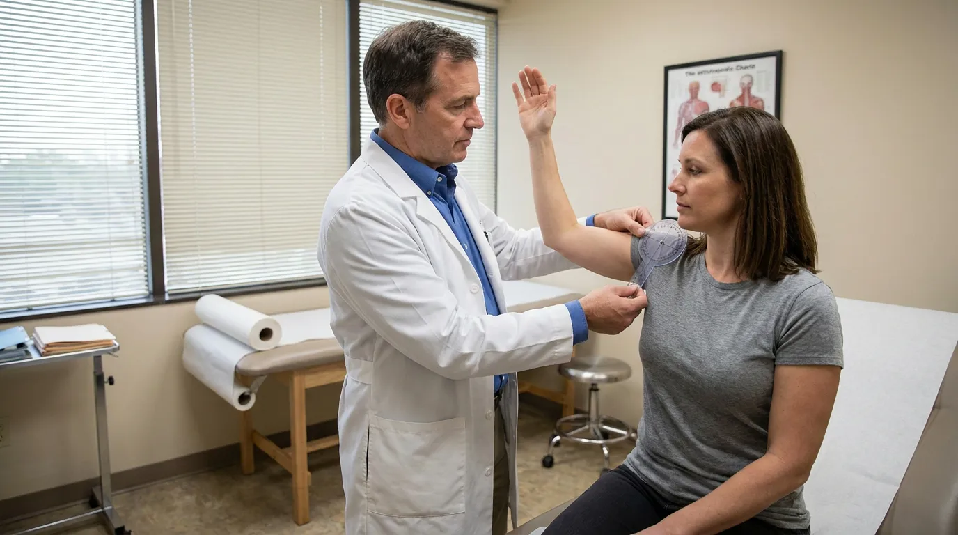 physician using goniometer to measure patient shoulder range of motion in clinic