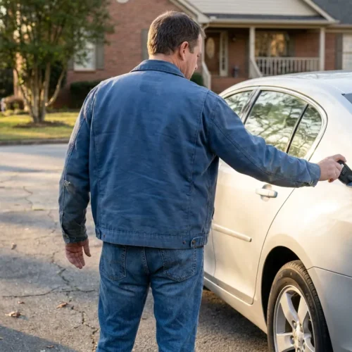 man opening sedan car door in residential driveway near brick house