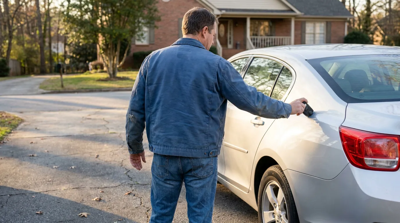 man opening sedan car door in residential driveway near brick house